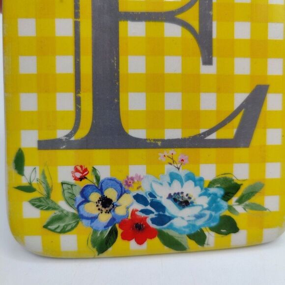 Monogram Cheese Board Initial “E”  Ceramic Checkered Plaid Floral Country Decor - Picture 2 of 6